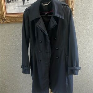 WHBM Black Double-Breasted Trench Coat with Wide Lapel